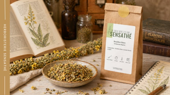 Fleurs séchées de bouillon blanc en herboristerie, plante médicinale utilisée pour les voies respiratoires - Herboristerie Sensathé Fleurs séchées de bouillon blanc en herboristerie, plante médicinale utilisée pour les voies respiratoires - Herboristerie Sensathé